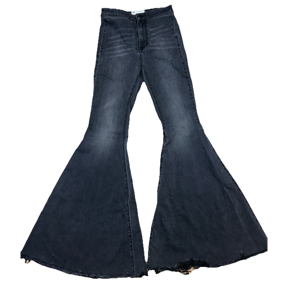 Free People High Waisted Bell Bottom Flare Raw Hem Whisker Stretch Women Sz 25